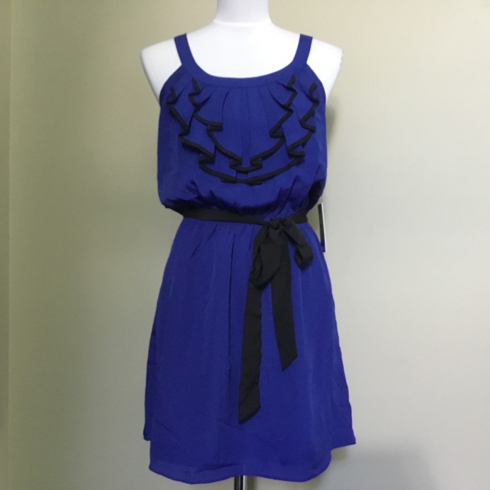 3/$15 NWT $80 EXPRESS blue black Ruffle flirty dress S